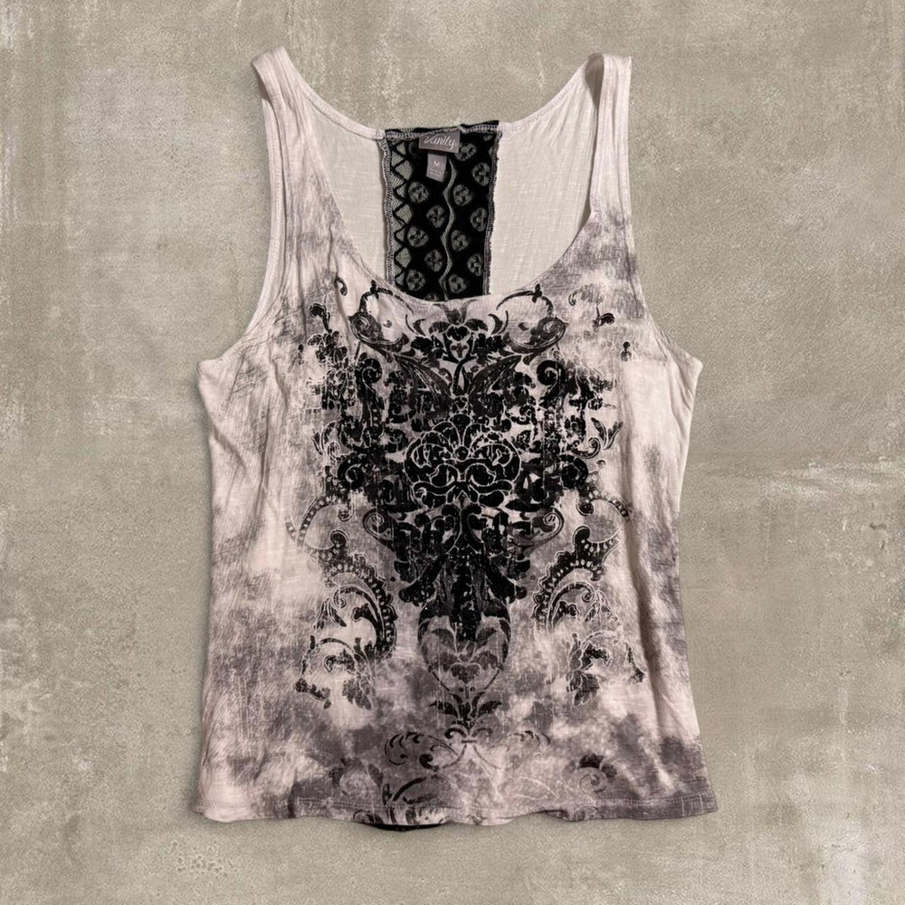 Y2K Burnout Tank with Velvet & Lace Detail -M